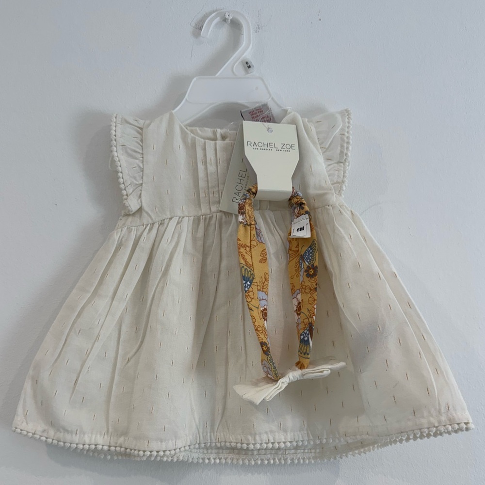 NEW NWT 2 Piece Set Rachel Zoe Baby Girls White Dress Floral Headband Size 3-6M